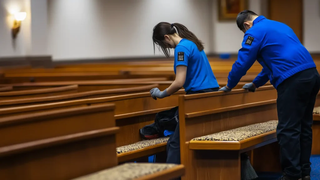 Church pews being cleaned.