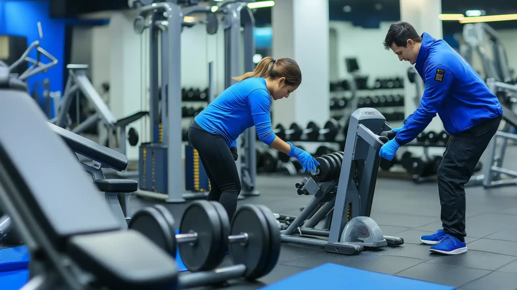 Gym equipment being sanitized.