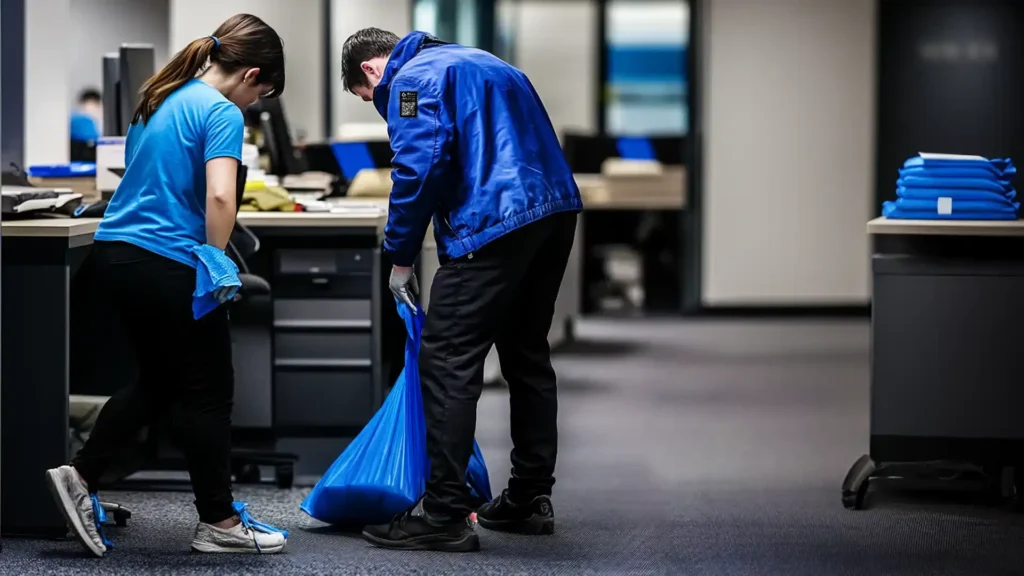 Office staff cleaning workspace.