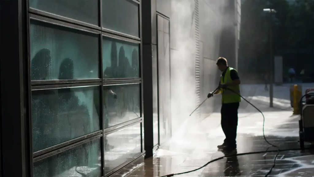 Pressure washing outdoor surface.