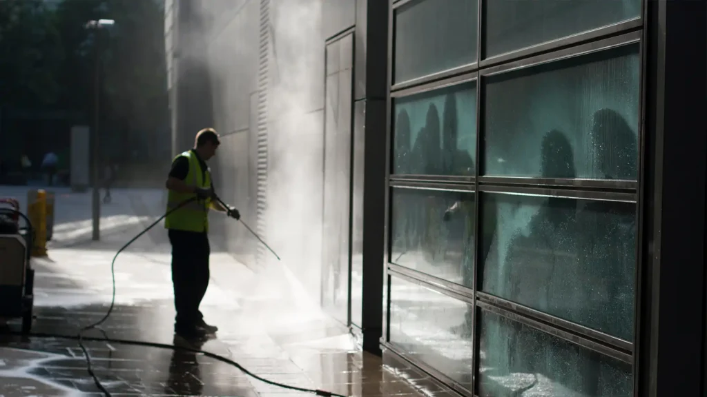 Pressure washing outdoor surface.