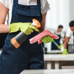 Team cleaning office